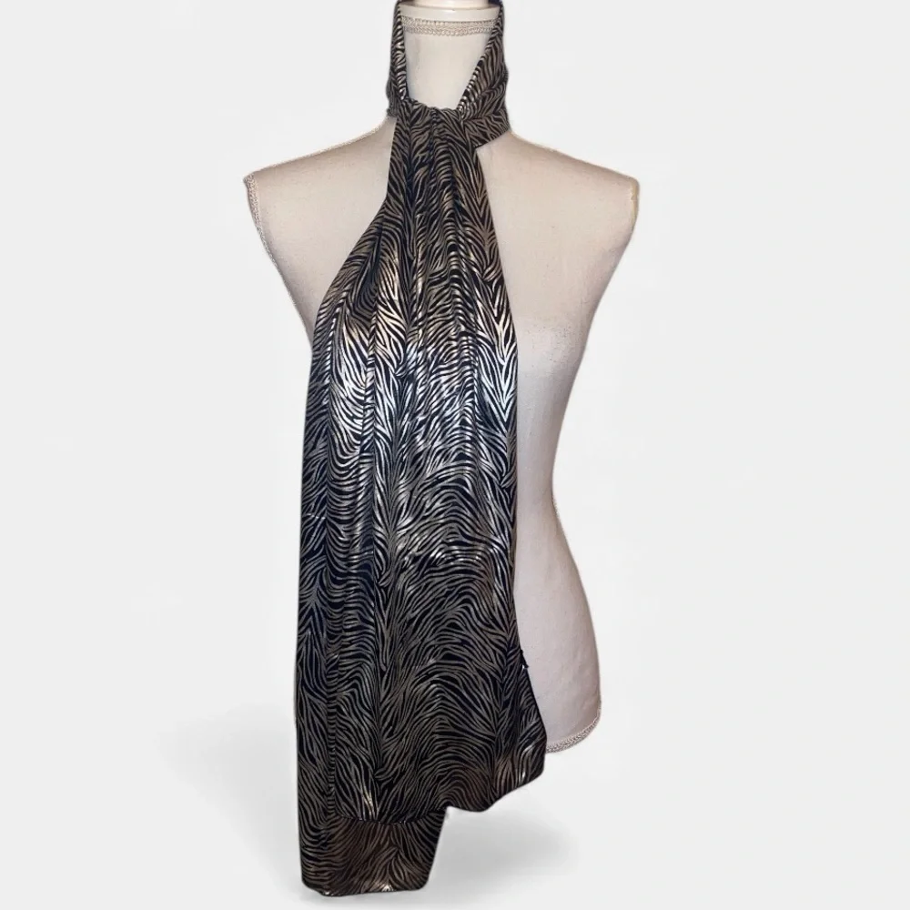 ZEBRA PRINT SILK STYLE FASHION SCARF Elegant & Versatile Black w/Silver Stripes